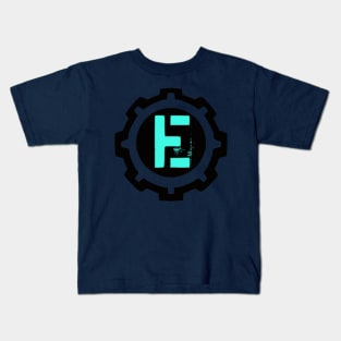 Ice Blue Letter E in a Black Industrial Cog Kids T-Shirt